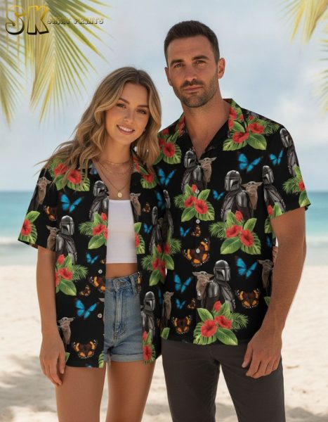 Mandalorian Hawaiian Shirt with Grogu, Hibiscus & Butterfly Print – Men's Star Wars Button Down