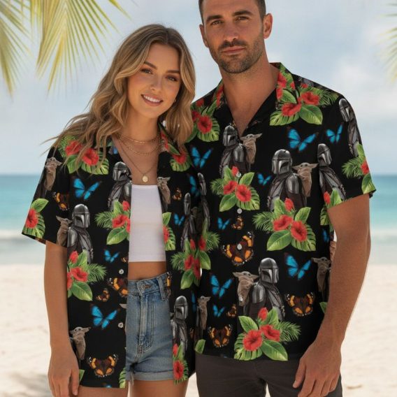 Mens Star Wars Hawaiian shirt with helmeted characters, large-eared creature, red hibiscus flowers, and scattered butterfly print throughout