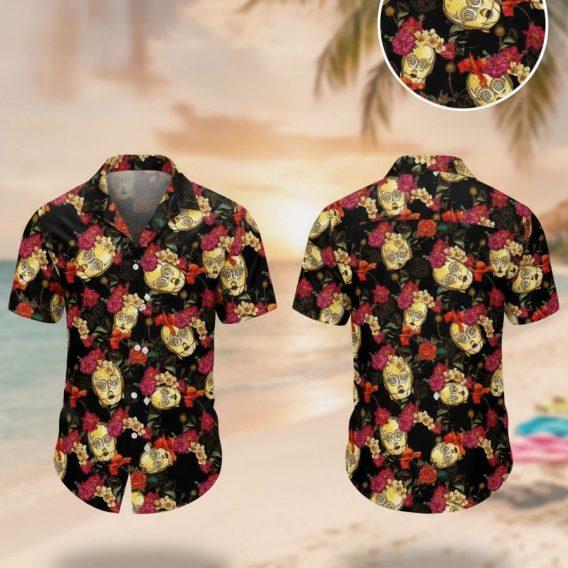 Mens Star Wars Hawaiian shirt featuring yellow robot-like skulls and red, pink, and yellow flowers on a black background