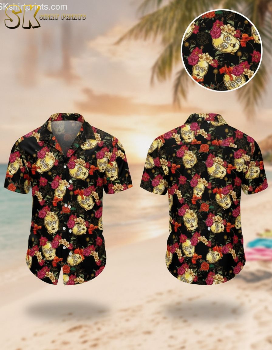 Mens Star Wars Hawaiian shirt featuring yellow robot-like skulls and red, pink, and yellow flowers on a black background