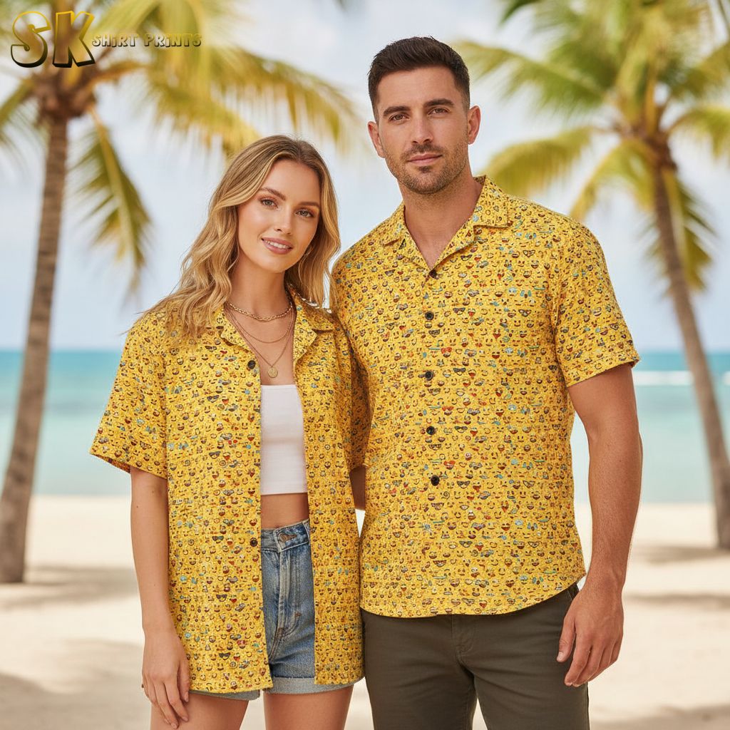 Mens yellow Hawaiian shirt with emoji pattern featuring various facial expressions and sunglasses designs