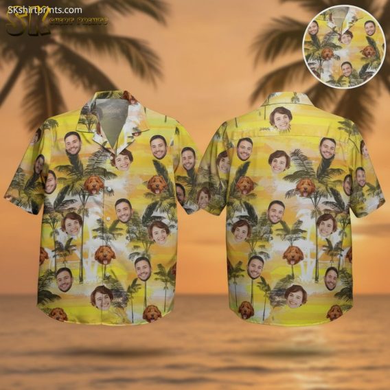 Yellow Hawaiian shirt for men featuring printed faces of people and dog with palm tree graphics