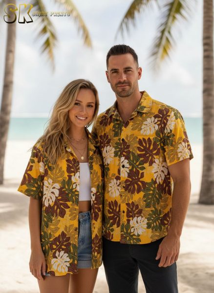 Yellow Tropical Shirt with Large Leaf Print - Bright Hawaiian Style