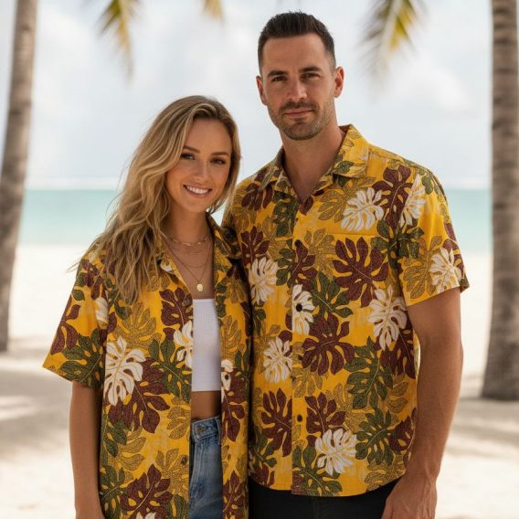 Men's yellow Hawaiian shirt with large tropical leaf print in white, maroon and green colors