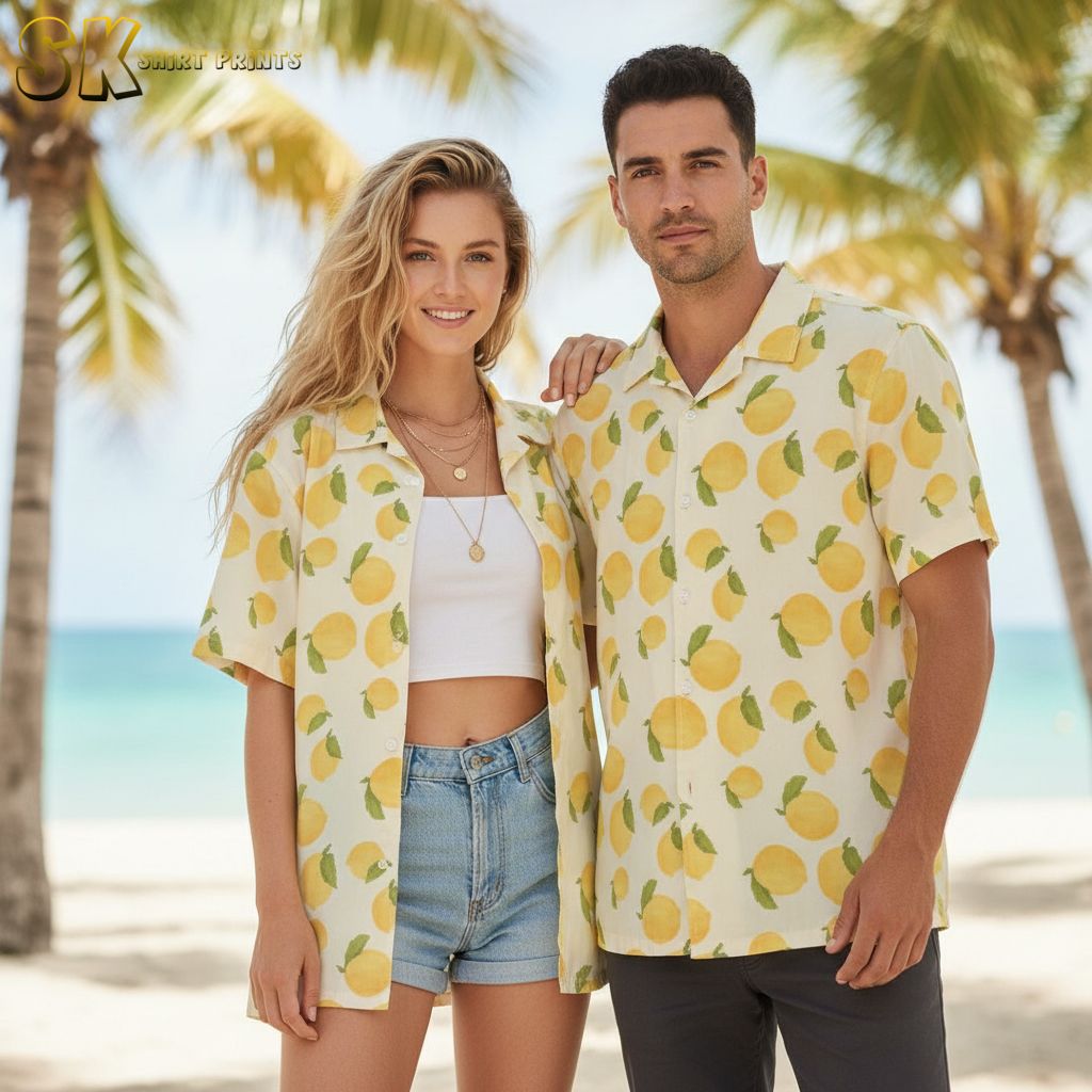 Mens yellow hawaiian shirt with bright lemon fruit and green leaf pattern