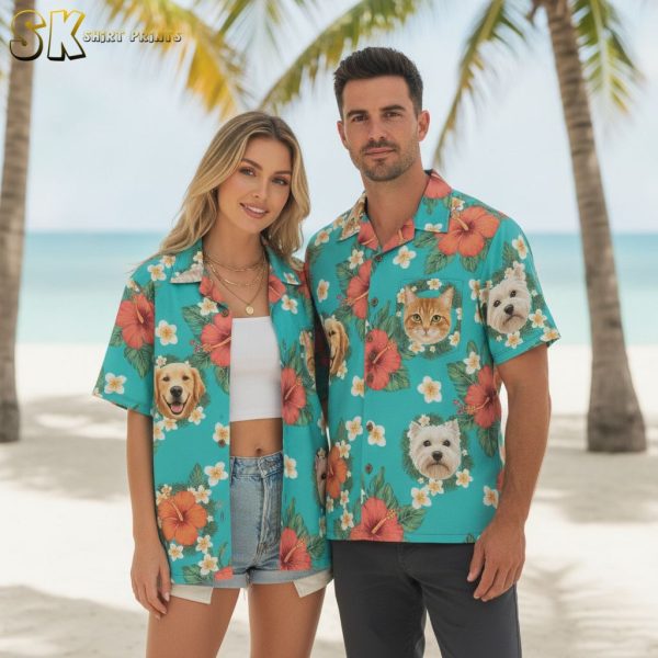 Bright Aloha Shirt Yellow with Hibiscus Flowers and Tiki Faces - Classic Hawaiian Style