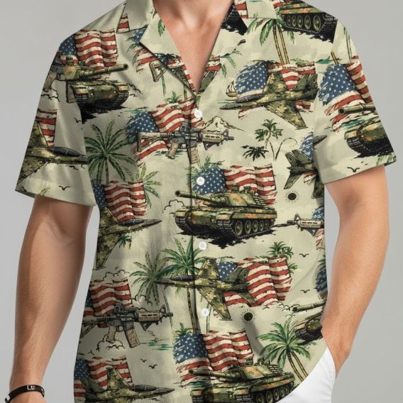 Military Hawaiian shirt with camouflage background print featuring fighter jets, tanks, helicopters, palm trees, and American flags