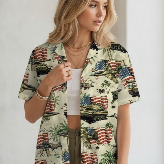 Military Hawaiian shirts design showing all-over camouflage print with fighter jets, tanks, helicopters, palm trees, and American flags