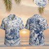 Military Hawaiian shirt for men featuring monochromatic U.S. Marine Corps pattern with boots, dog tags, American flag, palm trees, and a combat soldier graphic on the back marked 1776-2026