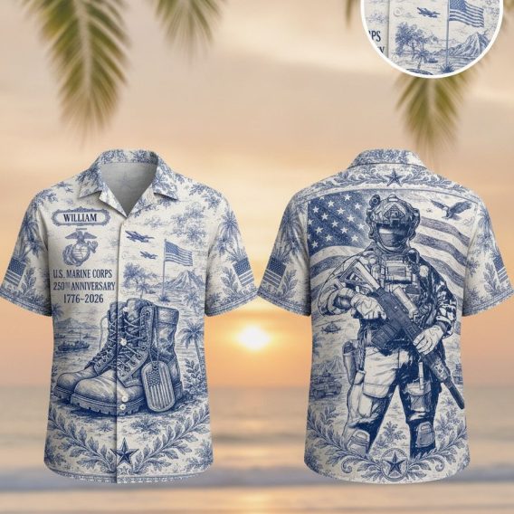Military Hawaiian shirt for men featuring monochromatic U.S. Marine Corps pattern with boots, dog tags, American flag, palm trees, and a combat soldier graphic on the back marked 1776-2026