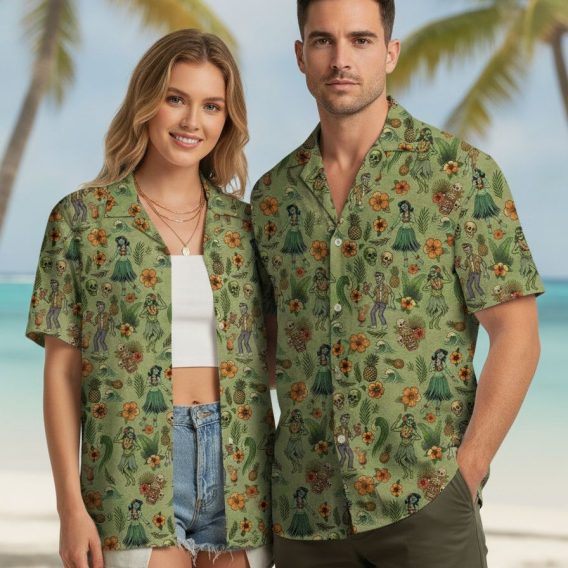 Millennium Falcon Hawaiian shirt with tiki statues, hula dancers, skulls, hibiscus flowers, and pineapples on a light green background