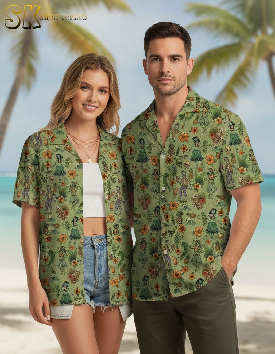 Millennium Falcon Hawaiian shirt with tiki statues, hula dancers, skulls, hibiscus flowers, and pineapples on a light green background