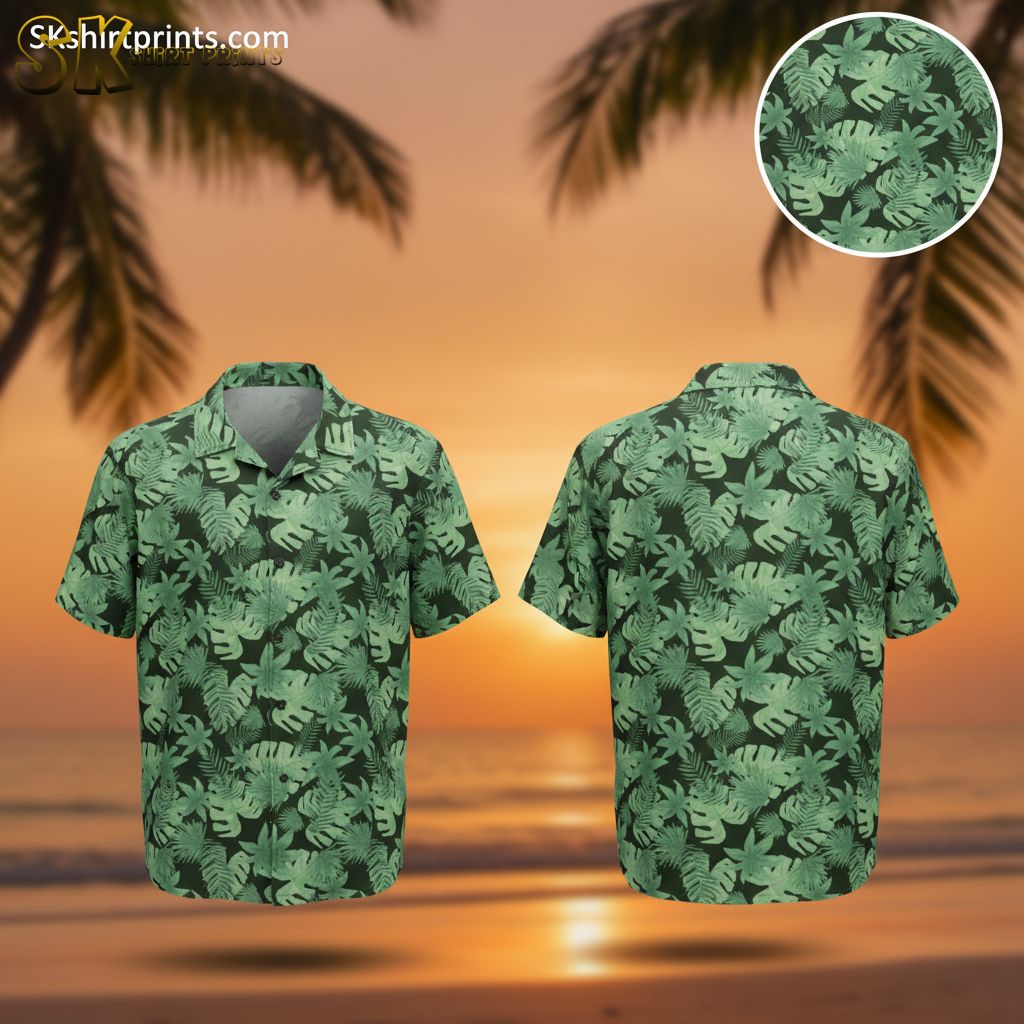 Neon green Hawaiian shirt featuring various tropical leaves in different shapes and sizes on green background