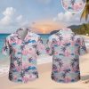 Neon pink Hawaiian shirt featuring palm trees, blue mountains, pink sun, and ocean wave patterns