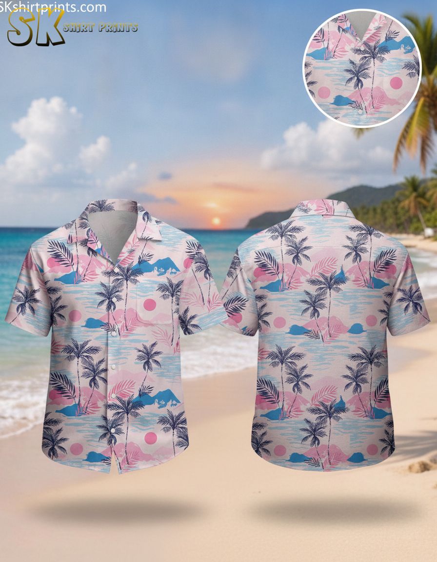 Neon pink Hawaiian shirt featuring palm trees, blue mountains, pink sun, and ocean wave patterns