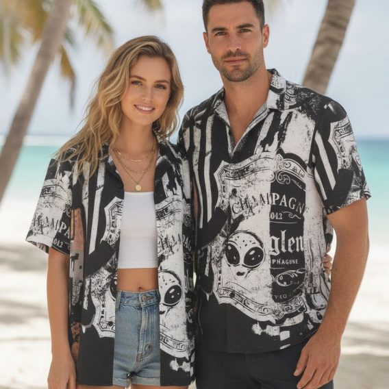 Operator Hawaiian shirt in a black and white collage pattern with vintage Champagne and Glen label text and a retro alien face print