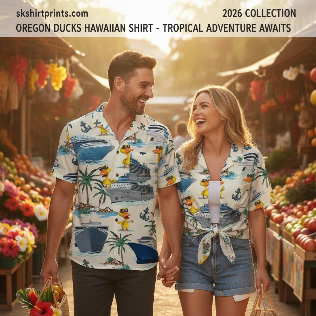 Oregon Ducks Hawaiian shirt patriotic duck print with stars and stripes design laid flat on a beach background