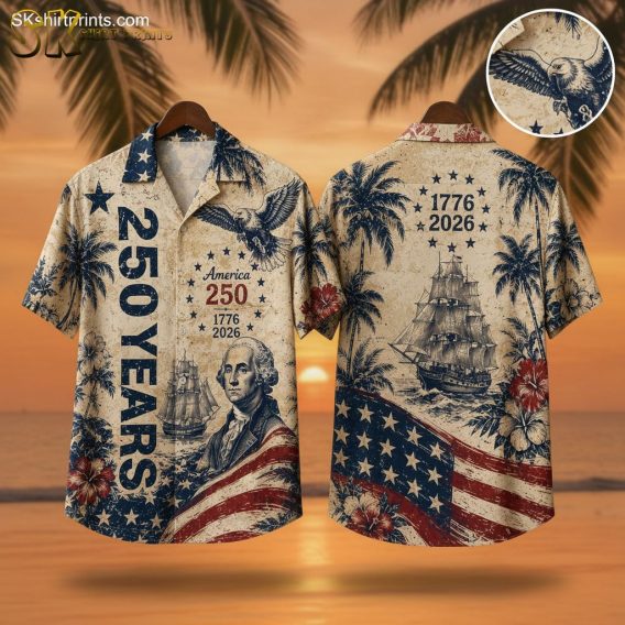 Patriotic Hawaiian shirt for 2026 featuring an eagle, historic sailing ship, palm trees, hibiscus flowers, American flag, stars, and 250 Years 1776 2026 anniversary graphics in red, white, and blue.
