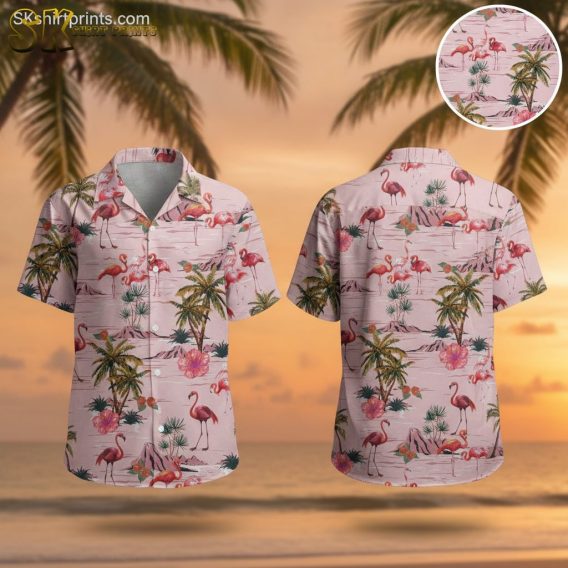 Pink aloha shirt mens with flamingo, palm tree and hibiscus flower pattern on tropical background