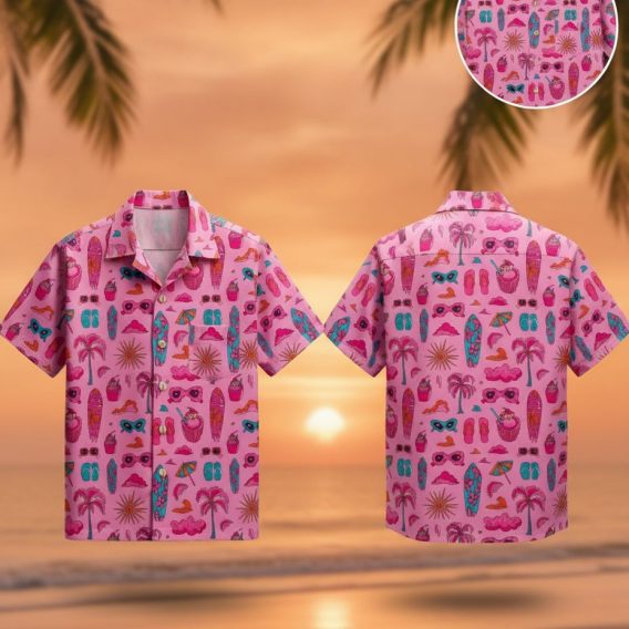 Pink aloha shirt featuring surfboards, palm trees, sunglasses, cocktail drinks and flip-flops in colorful tropical design