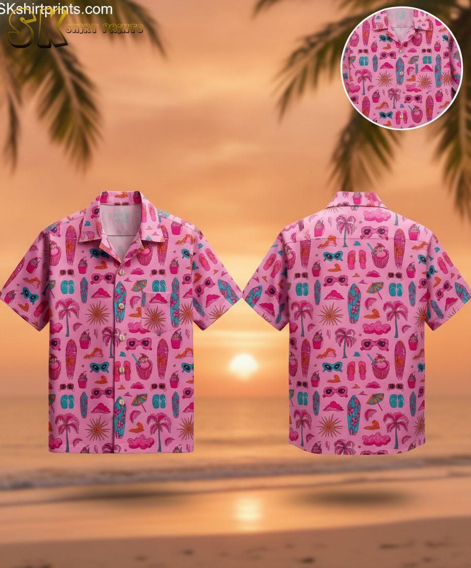 Pink aloha shirt featuring surfboards, palm trees, sunglasses, cocktail drinks and flip-flops in colorful tropical design