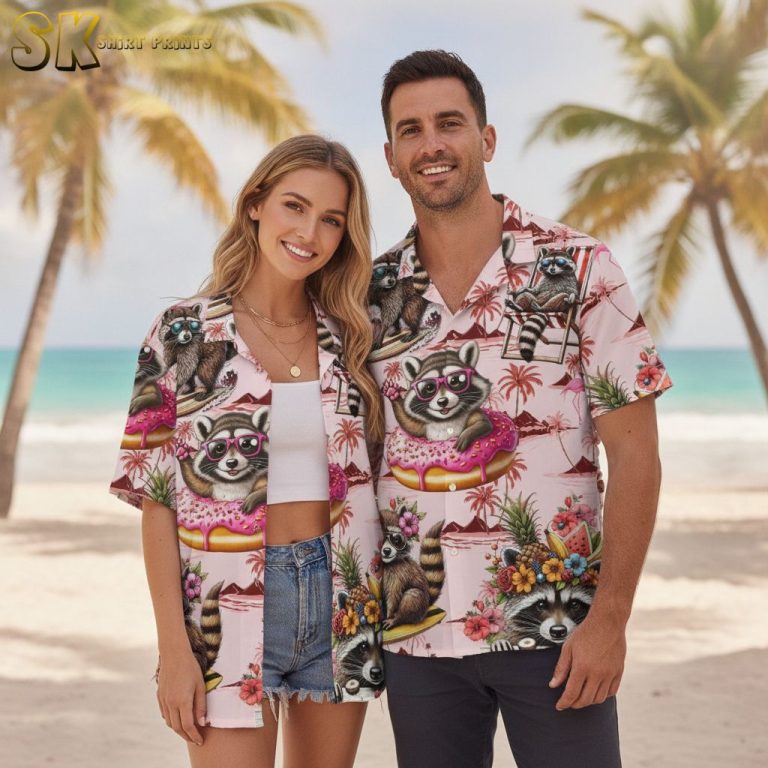 Mens Hawaiian Shirt Pink Raccoon Beach Party Print – Tropical Cartoon Summer Shirt