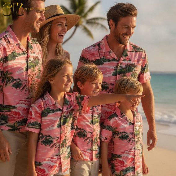 Pink and blue Hawaiian shirt featuring tropical beach scene with palm trees, waves, and hibiscus flowers in colorful pattern