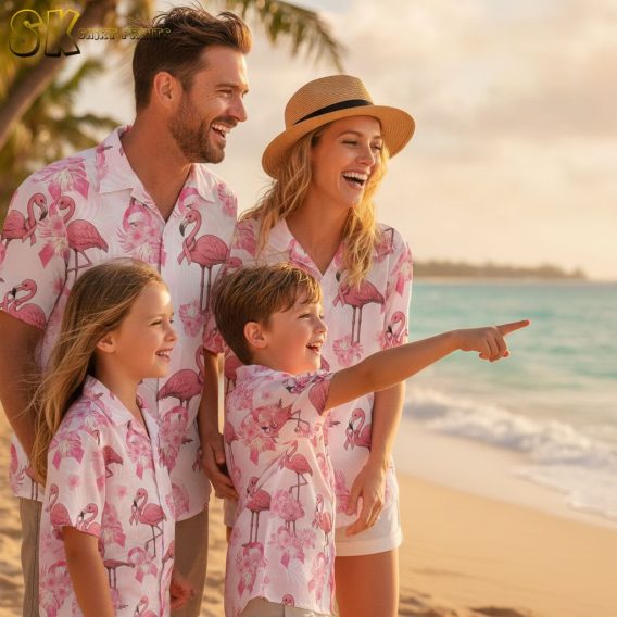Pink and blue Hawaiian shirt with flamingo pattern, tropical flowers, and pink ribbon accents on light fabric