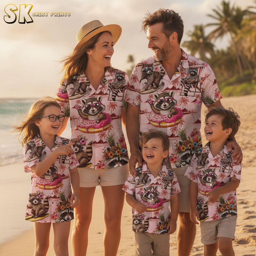 Pink and blue Hawaiian shirt with raccoons in tropical scenes, palm trees and summer activities