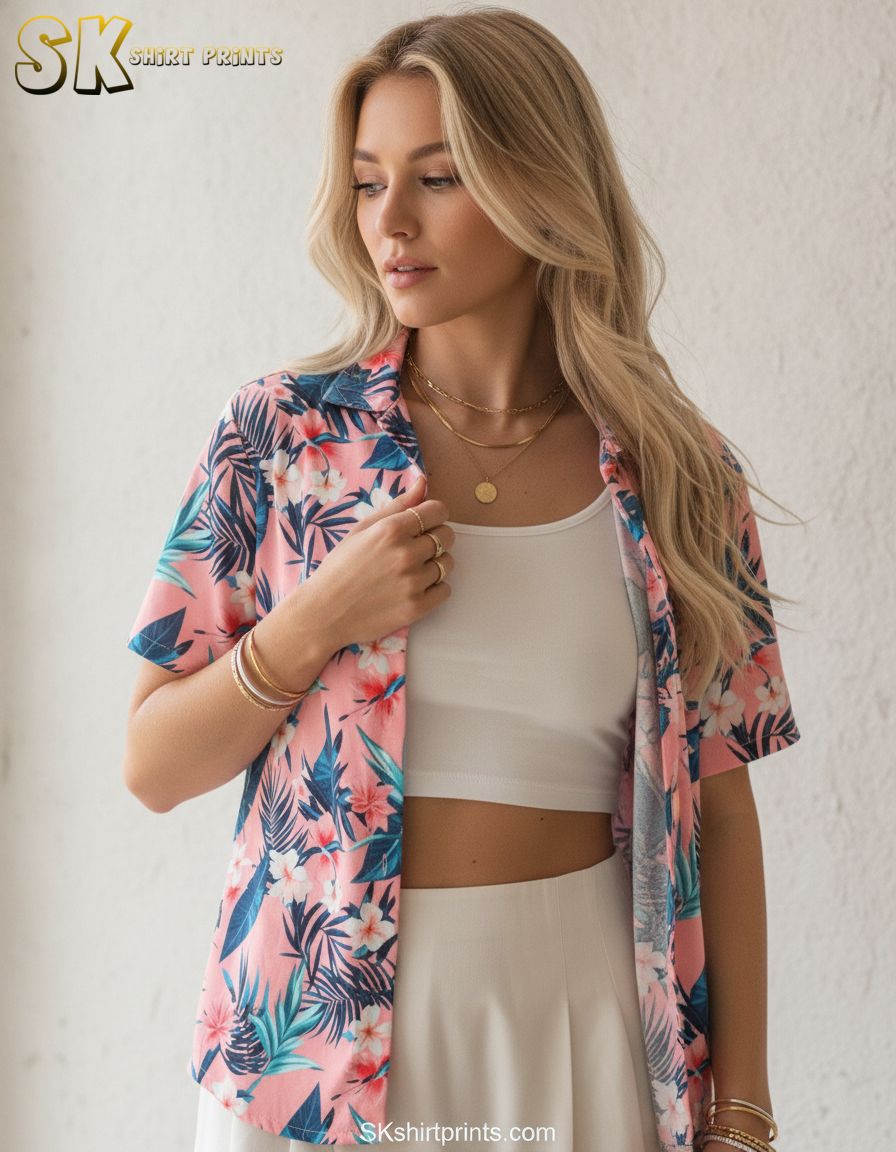 Pink and blue Hawaiian shirt with blue tropical leaves and white flowers on pink background