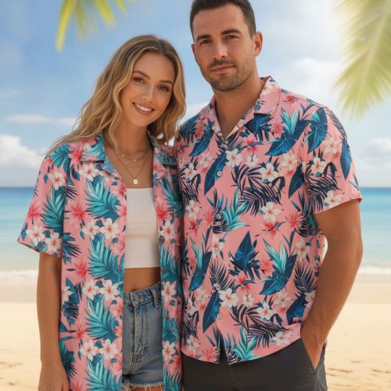 Pink and white Hawaiian shirt displaying white floral blooms with pink accents and blue tropical foliage