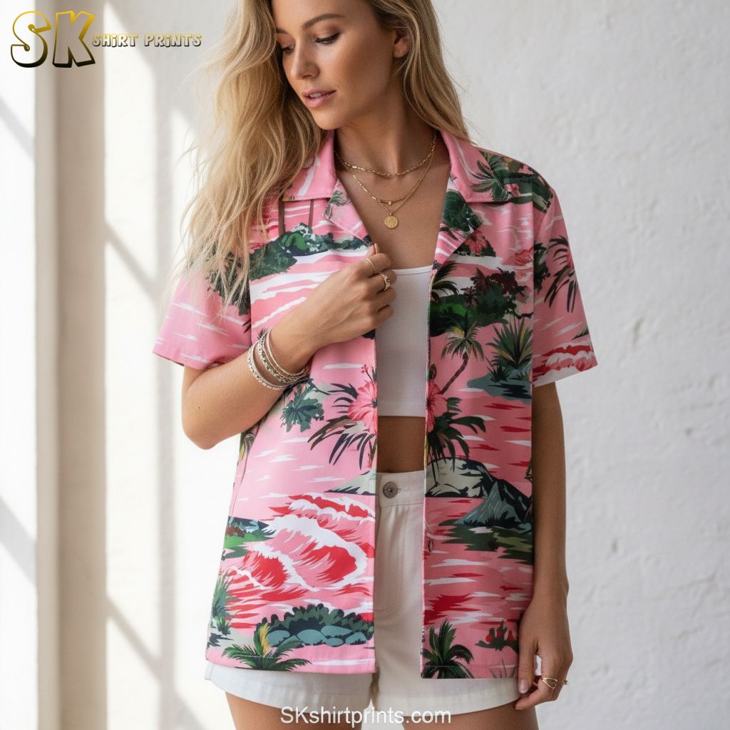 Pink and white Hawaiian shirt with tropical hibiscus flowers, palm trees, and wave patterns in soft color palette