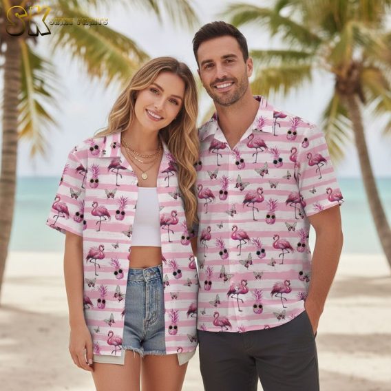Pink and white hawaiian shirt with striped background featuring flamingo, pineapple, and butterfly tropical print