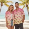 Pink flamingo Hawaiian shirt showing multiple flamingos on pink to yellow gradient background