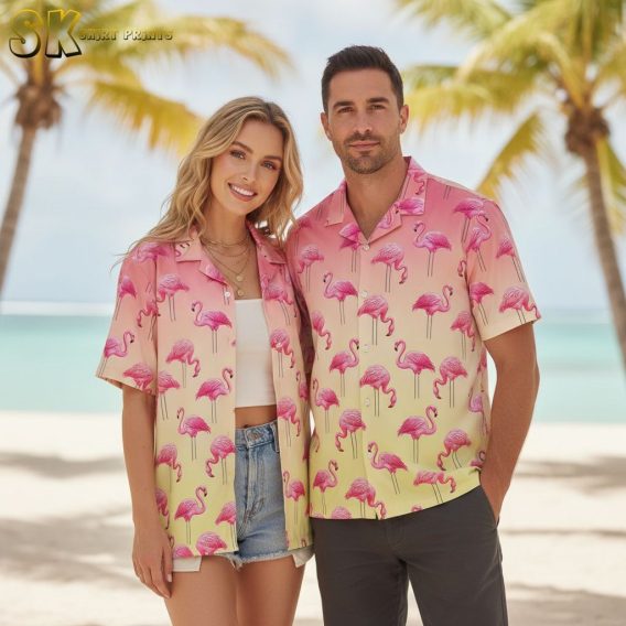 Pink flamingo Hawaiian shirt showing multiple flamingos on pink to yellow gradient background