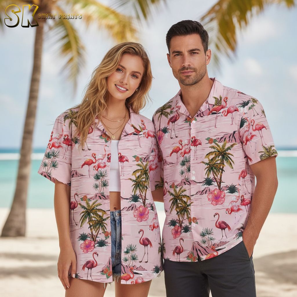 Pink flamingo hawaiian shirt with multiple flamingo graphics surrounded by palm trees and tropical plants