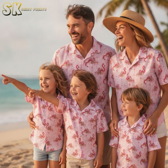 Pink floral Hawaiian shirt displaying tropical flowers and flamingo birds on light pink background