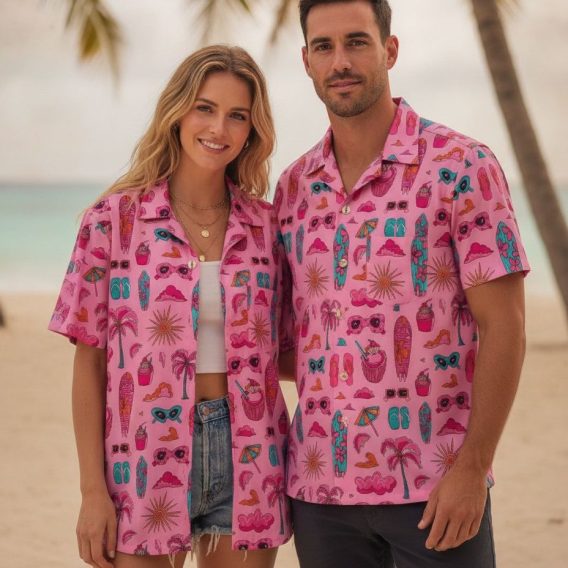 Pink floral Hawaiian shirt with tropical pattern including palm trees, summer accessories, and colorful beach motifs
