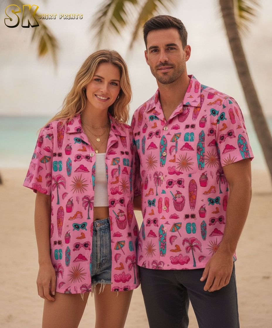 Pink floral Hawaiian shirt with tropical pattern including palm trees, summer accessories, and colorful beach motifs