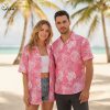 Pink floral hawaiian shirt displaying tropical monstera leaves in multiple pink shades