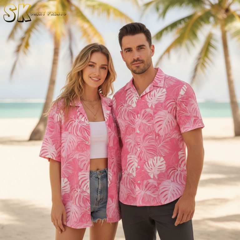 Pink Hawaiian Shirt Womens – Tropical Monstera Leaf Print Button Down
