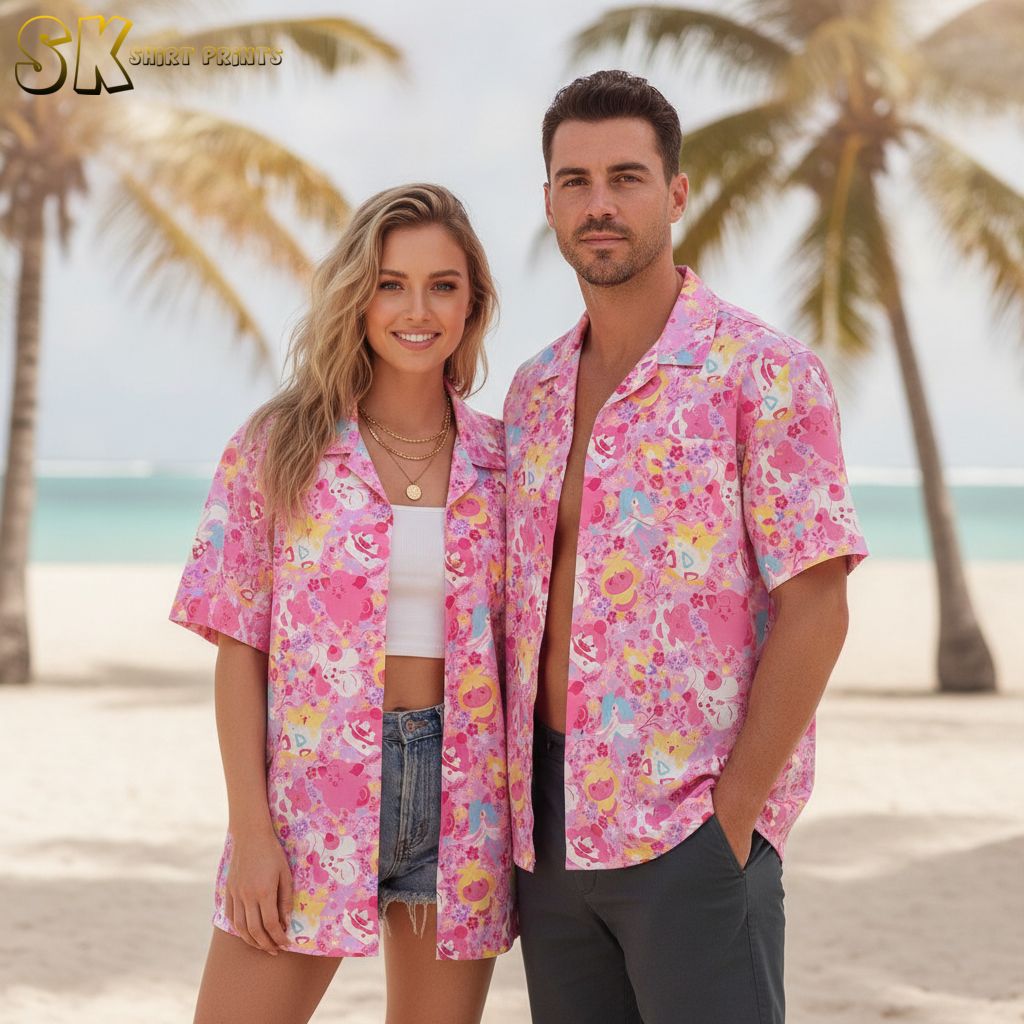 Pink floral hawaiian shirt with whimsical floral motifs and colorful character designs
