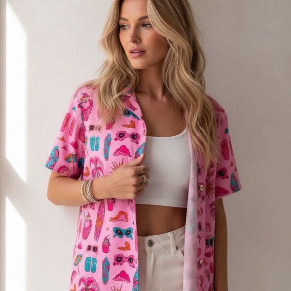Pink flower Hawaiian shirt showing tropical beach print with surfboards, flip-flops, sunglasses, and summer drinks