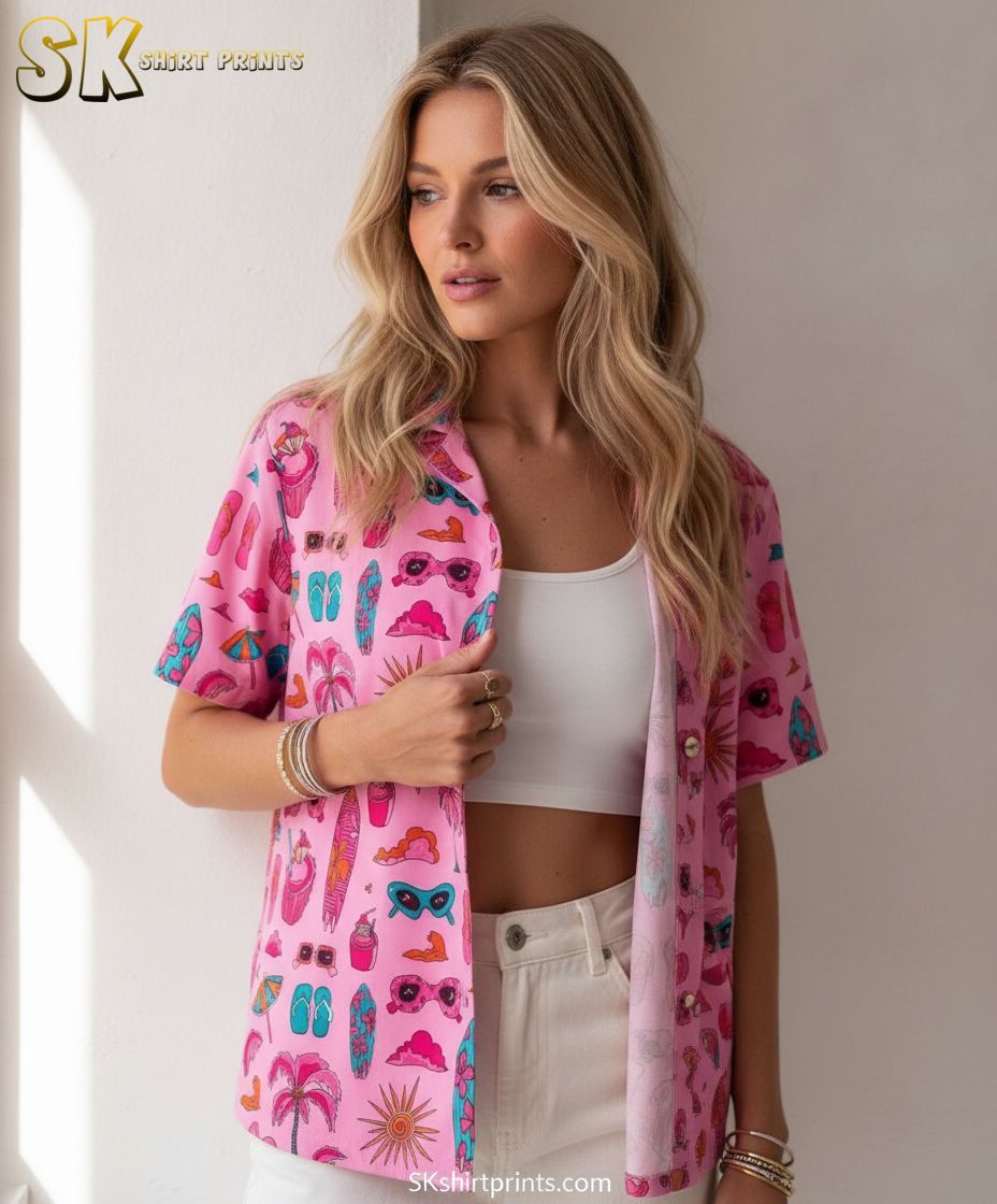 Pink flower Hawaiian shirt showing tropical beach print with surfboards, flip-flops, sunglasses, and summer drinks