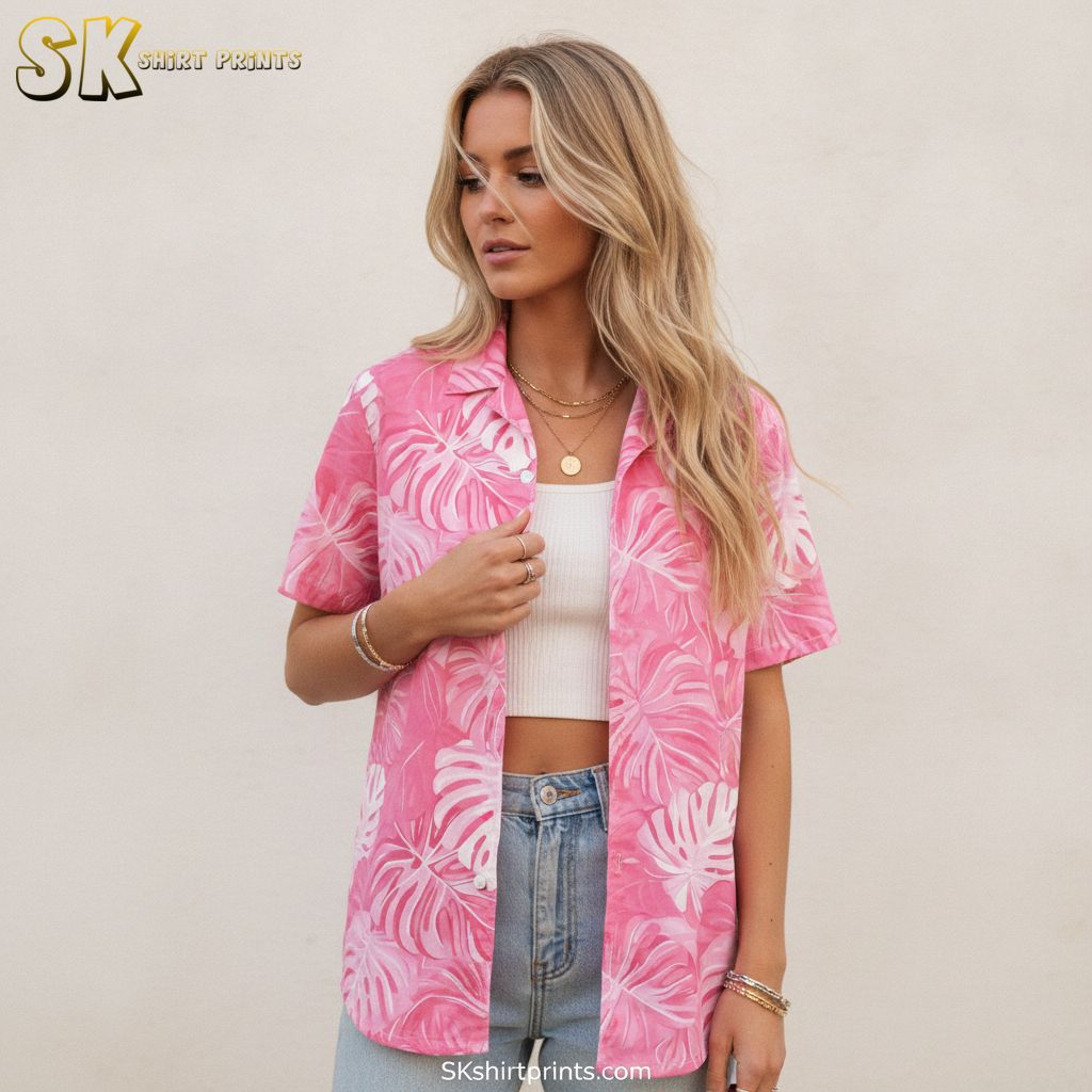 Pink flower hawaiian shirt showcasing botanical monstera leaves in layered pink tones