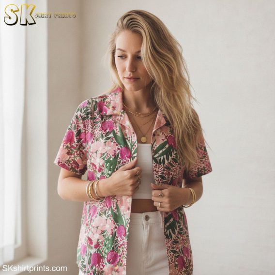 Pink flower hawaiian shirt showing detailed botanical print with purple flowers and berry elements