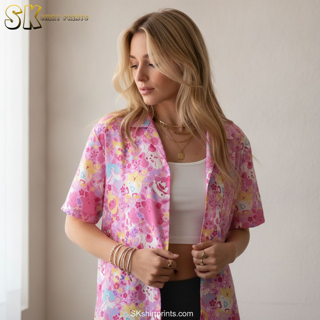 Pink flower hawaiian shirt displaying cartoon-style flowers and colorful character elements