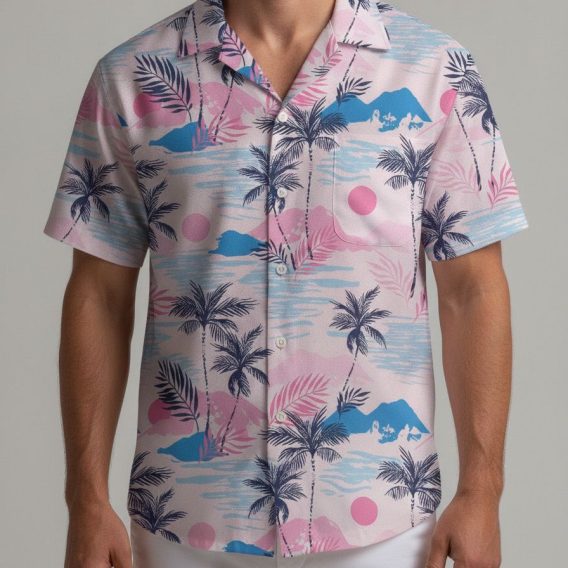 Pink Hawaiian shirt displaying tropical beach scene with mountains, palm trees, and wave patterns