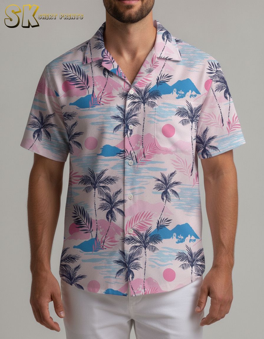 Pink Hawaiian shirt displaying tropical beach scene with mountains, palm trees, and wave patterns