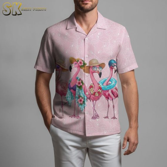 Pink Hawaiian shirt with vibrant flamingo illustrations in summer attire